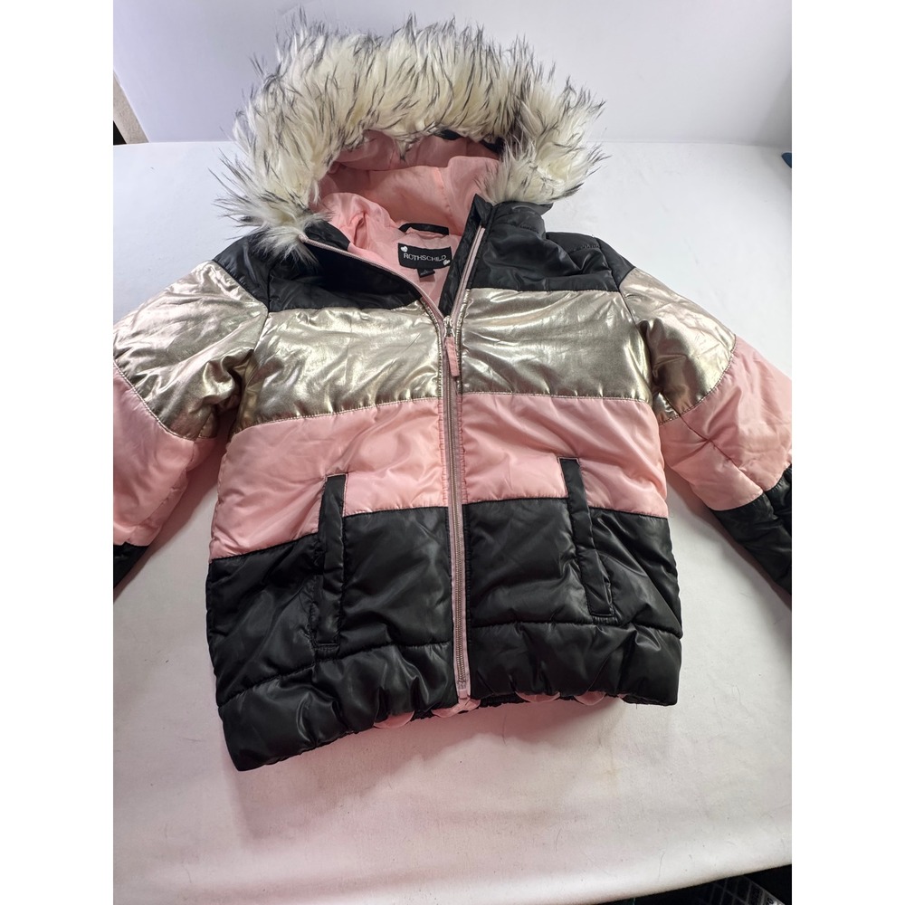 Rothschild Girls Puffer Jacket Black Pink Metallic‎ Silver Faux Fur Hood Size 14